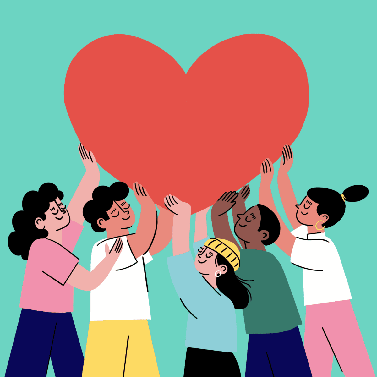 Drawing of.children of several races lifting a red heart